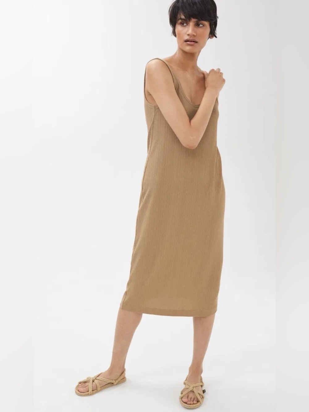 ARKET XS Beige Camel Ribbed Organic Cotton Textured Midi Tank Dress